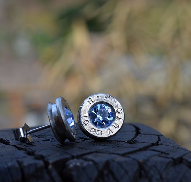 Bullet Earrings stud or post steampunk, nickel silver R-P Remington Peters 10mm with Swarovski crystals