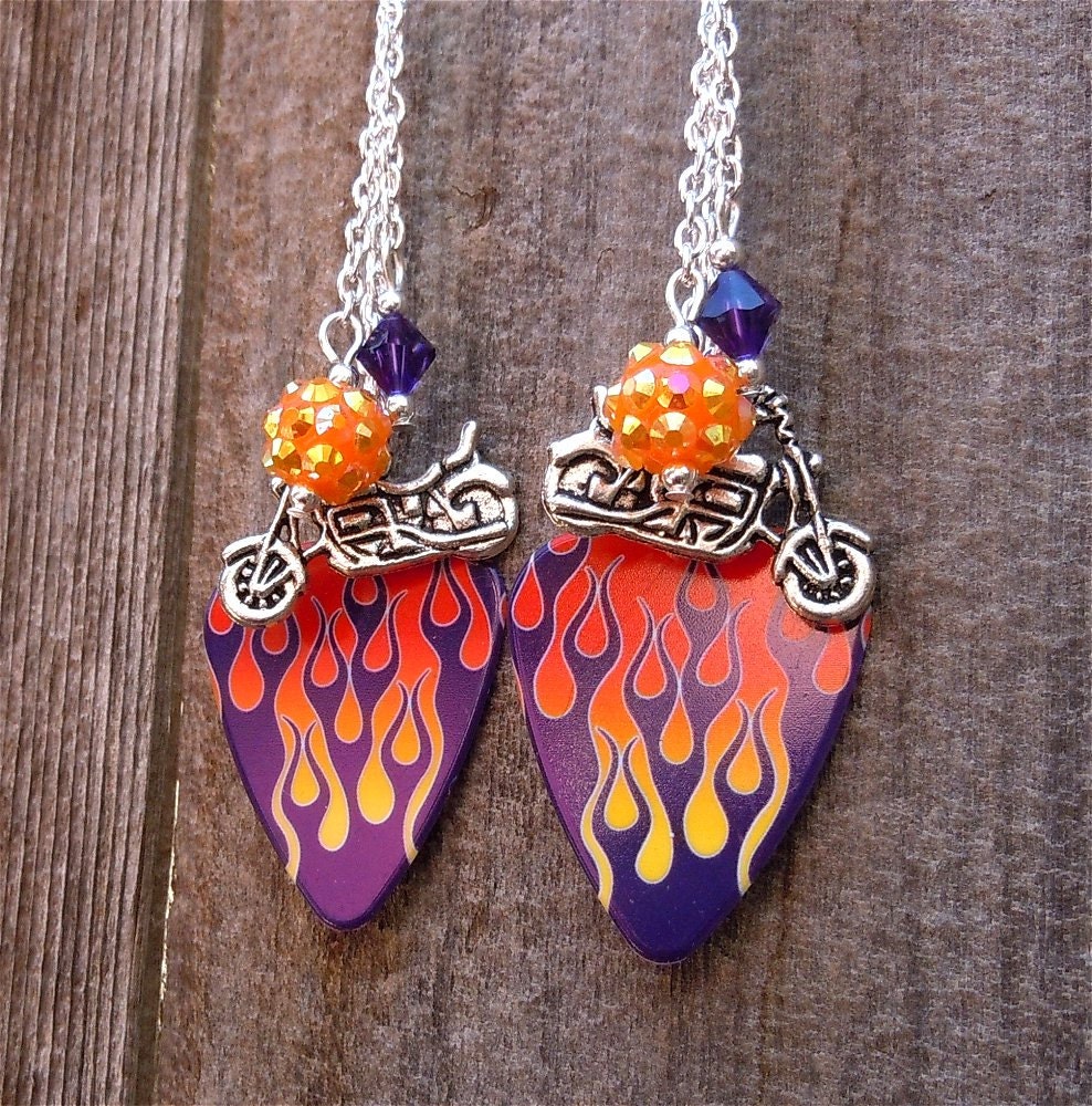 Motorcycle with Purple, Yellow, and Orange Flames Guitar Pick Earrings with Dangles