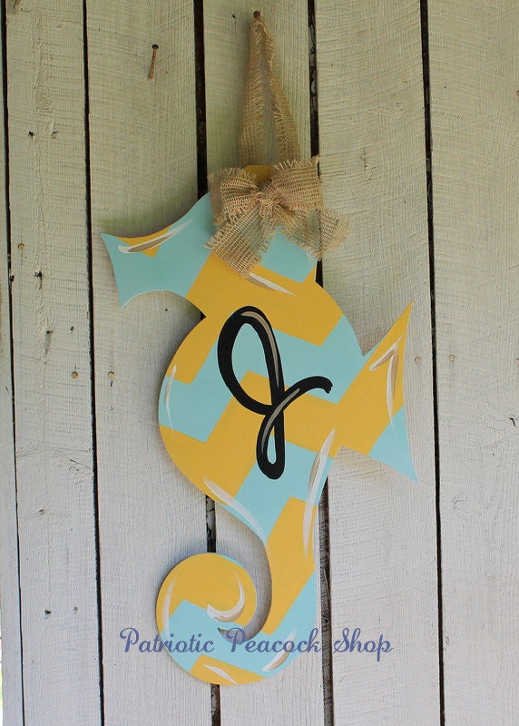 Chevron Seahorse Wooden Door Hanger Art- Patriotic Peacock Original