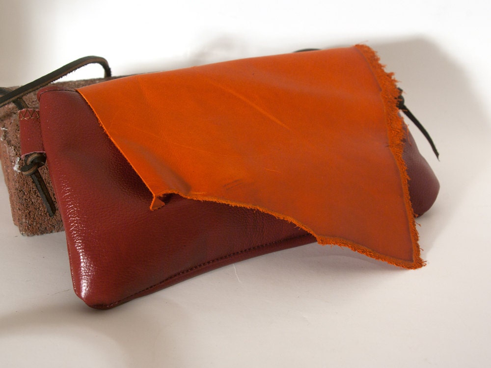 Navy Organic Shape Leather Clutch with Adjustable Strap