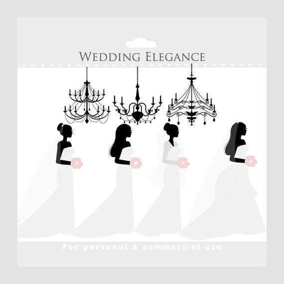 Brides clipart - wedding clip art, wedding dress, chandeliers, elegant, girls, romantic, white, black, for personal and commercial use