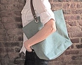 Linen and Leather Tote Bag in Faded Jade