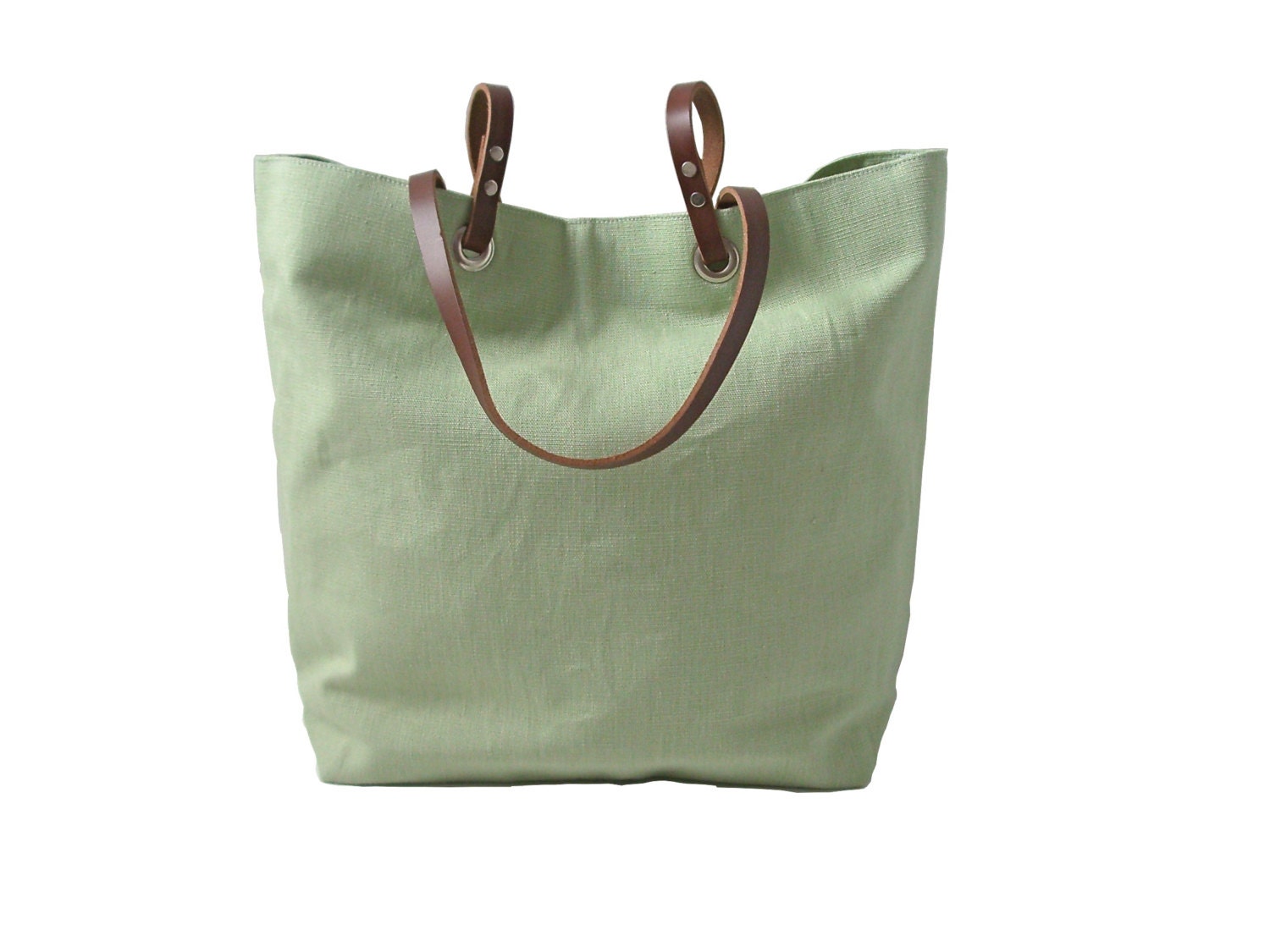 Pistachio Green Tote Bag, Spring Handbag,  Mint Green, Linen and Leather Handbag for Women