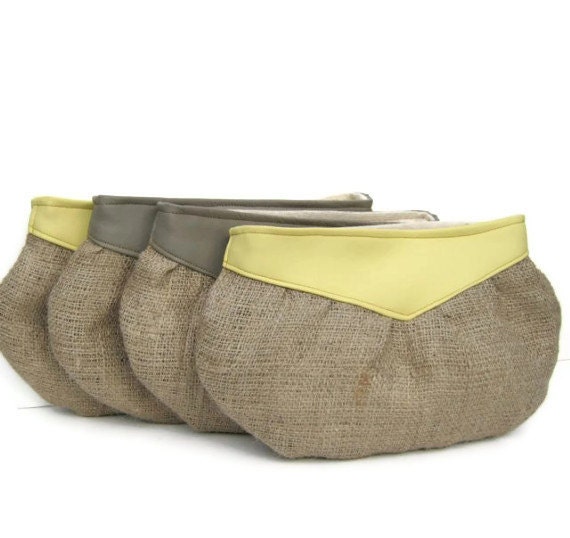 bridesmaid clutch set // butter pale yellow - medium stone Gray - rustic burlap // set of 4 // outdoor wedding clutches - bridesmaids gifts