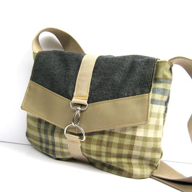 satchel // blue green wool plaid - vintage navy blue suiting - mushroom gray brown vegan leather // crossbody bag - adjustable strap