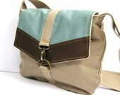 satchel // gray khaki tweed - turquoise blue canvas - pebbled brown vegan leather // crossbody bag - adjustable strap