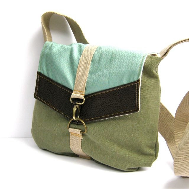 satchel // sage green canvas - seafoam mint chevron cotton - pebbled brown vegan leather // cross body bag - small messenger bag