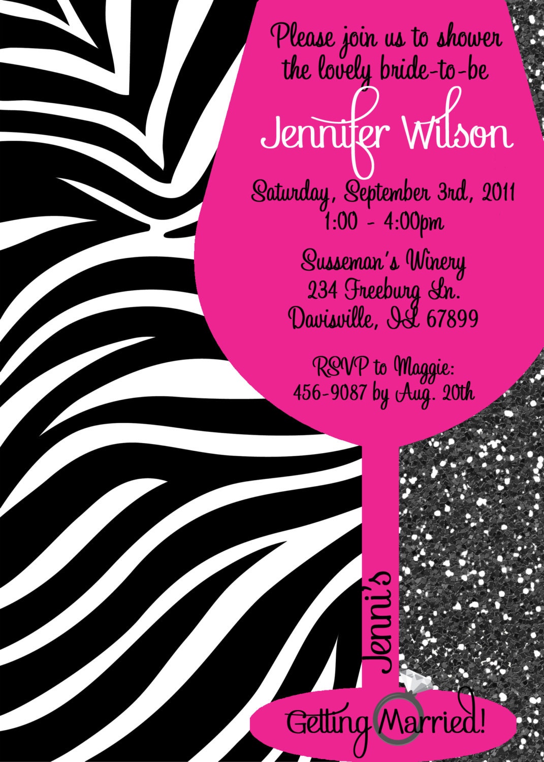Wine Zebra Glitter Girl -  Bridal Shower Bachelorette Party Invitation - Customizable and PRINTABLE