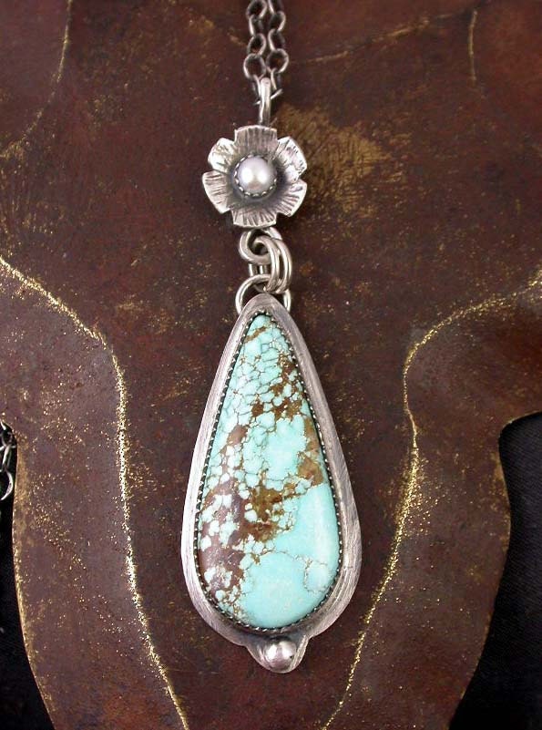 Number Eight Turquoise and Freshwater Pearl Cabochon Flower Pendant Necklace