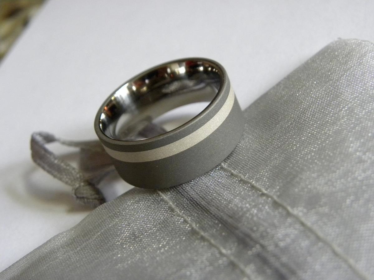 Titanium Ring Offset Silver Inlay Stripe Sandblasted 9mm size 10 Clearance