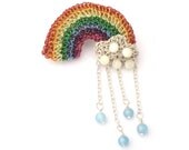 Rainbow and rain cloud brooch with aquamarine rain drops