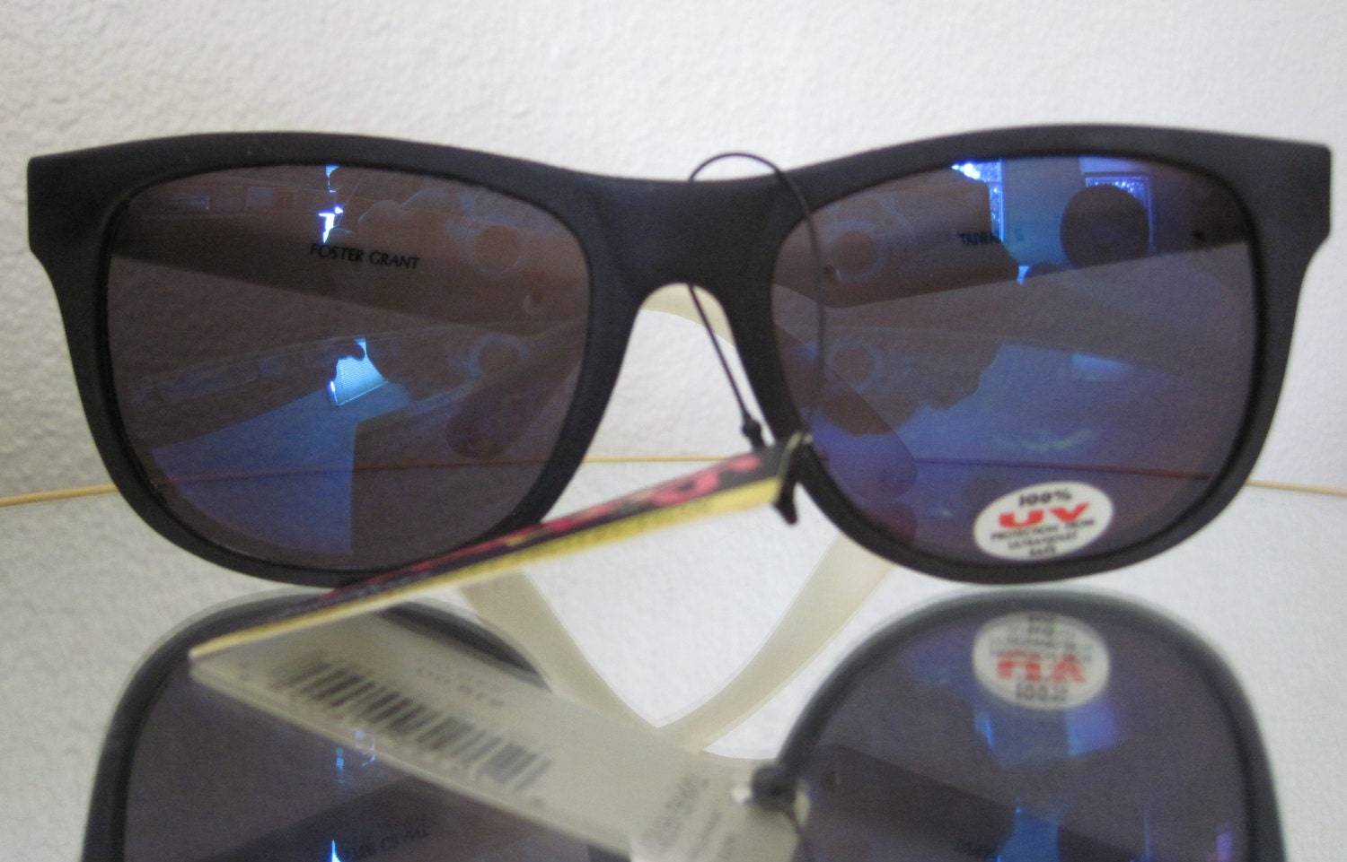 Deadstock Vintage Wayfarer Foster Grant Sunglasses - Black/White - Blue Mirrored Lenses