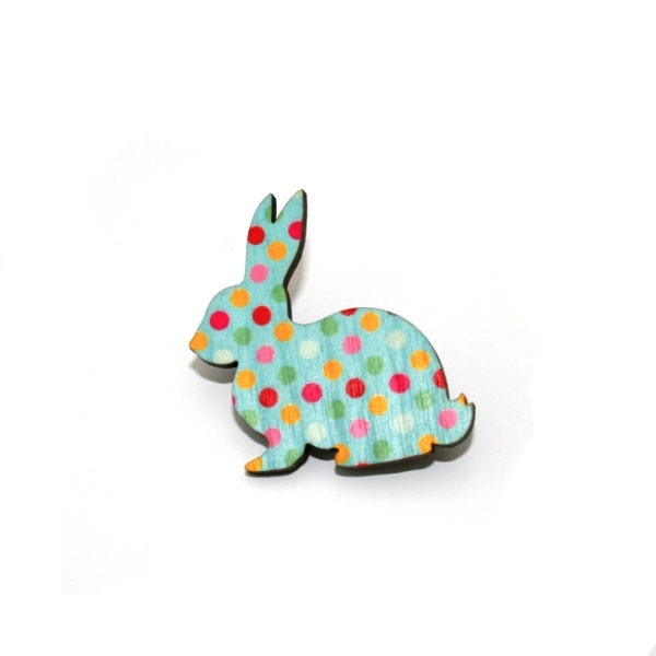Rabbit Brooch, Polka Dot Illustration, Wood Jewelry, Animal Brooch