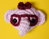 Kawaii Amigurumi Crochet - Pin Brooch - Pink elephant with hipster glasses and plum bow tie