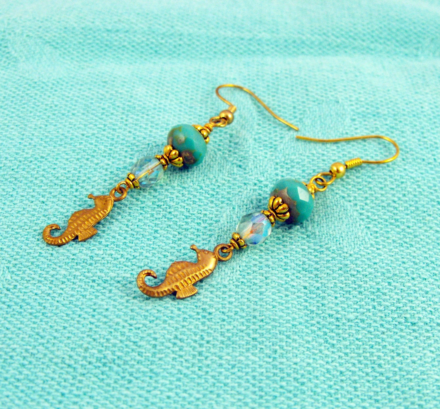 Seafoam and Gold Seahorse Dangle Earrings Handmade Jewelry