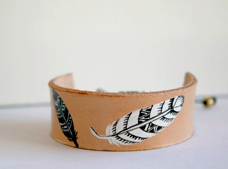 Hand Painted Leather Cuff - Bracelet - adjustable