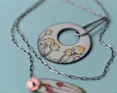 Mighty Mushroom Lariat Necklace. Watercolor graphite and enamel on copper. Wild Fungi. Mixed Metals.