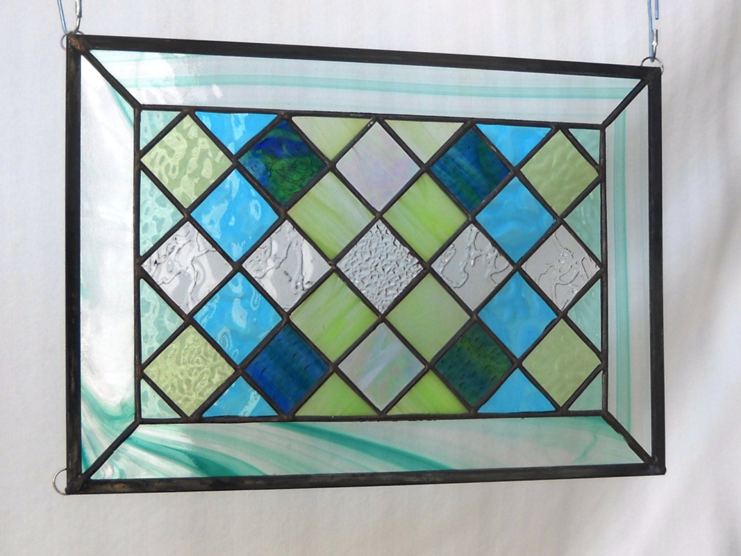 Stained Glass Panel Block Quilt in Sea Colors of Aqua, Teal, Green, Blue, Aquamarine