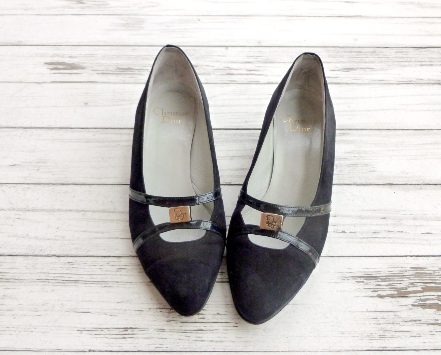 SALE... CHRISTIAN DIOR - Vintage Designer Black Suede Wedge Kitten Heels / Sz 5.5-6