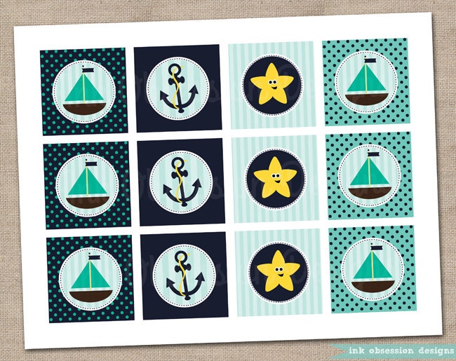 Printable Cupcake Toppers Sailing the Seas Teal and Navy Blue - INSTANT DOWNLOAD