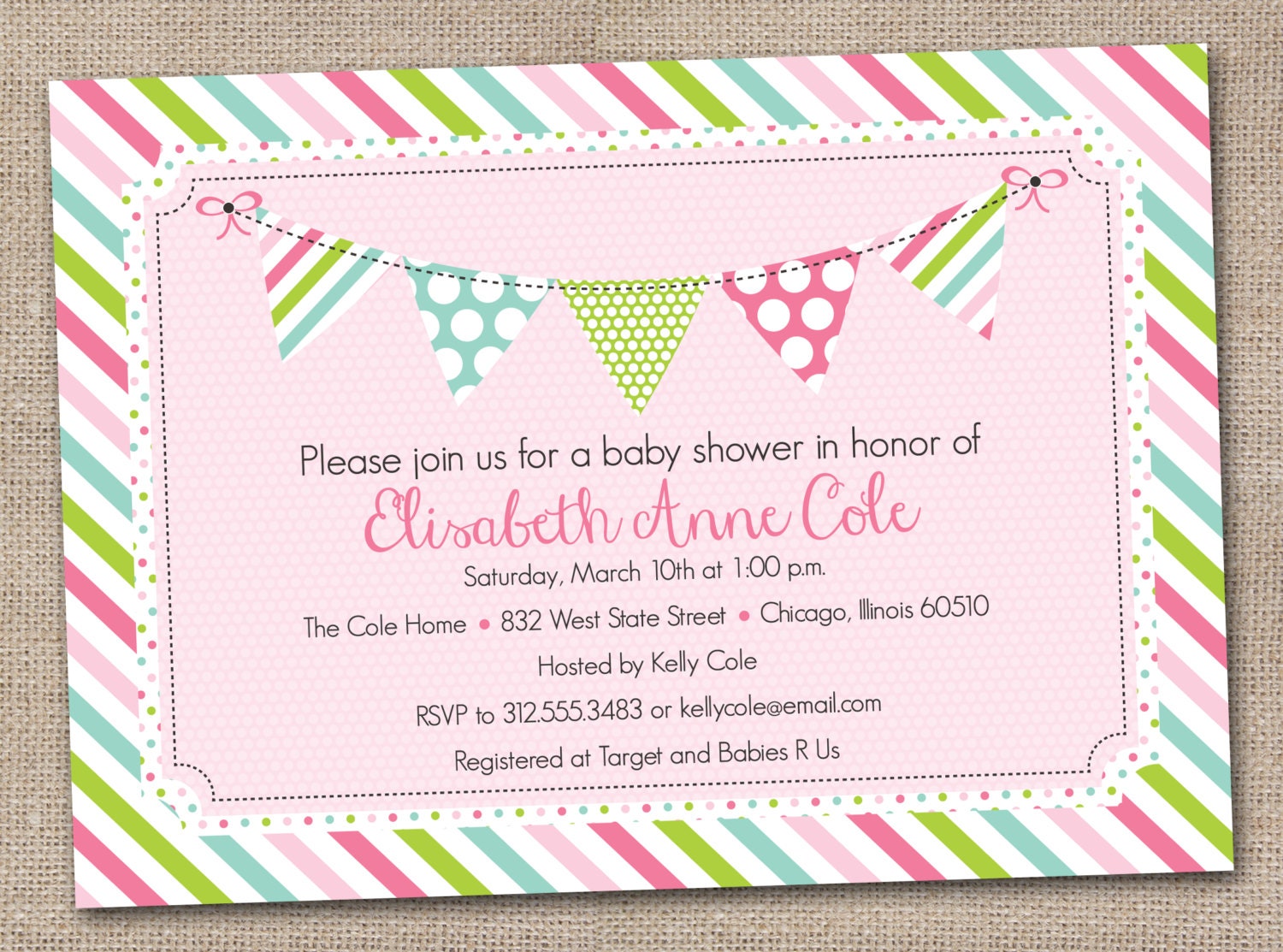 Printable Baby Shower Invitation Colorful Bunting and Stripes