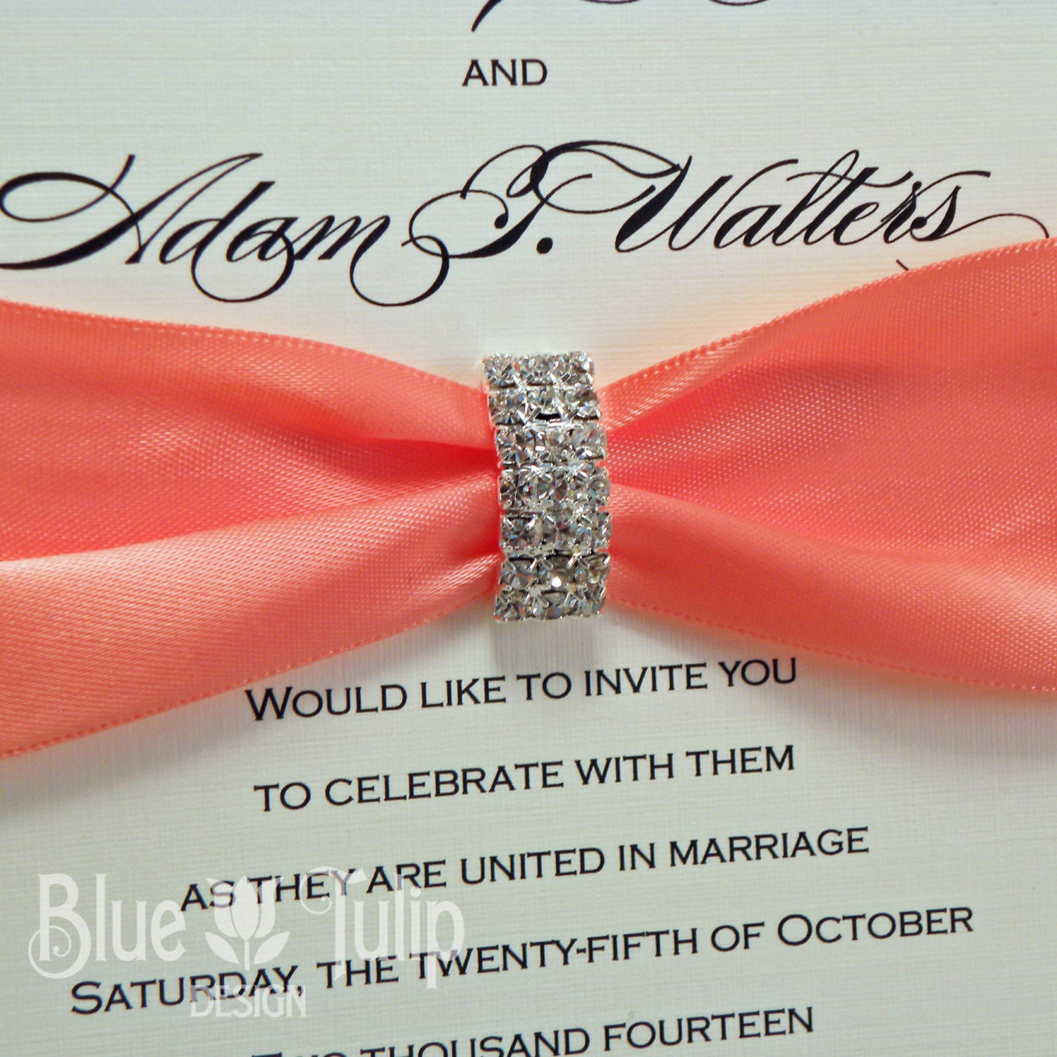 Crescent Crystal Buckle Wedding Invitation in Champagne, Coral and Aged Gold