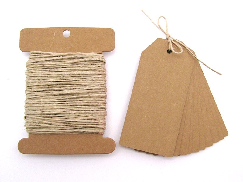 50 Kraft Tags with Jute String (20 metres) - Set of 50 Blank Gift Tags - Luggage Tags - Size 4.5cm x 9.5cm