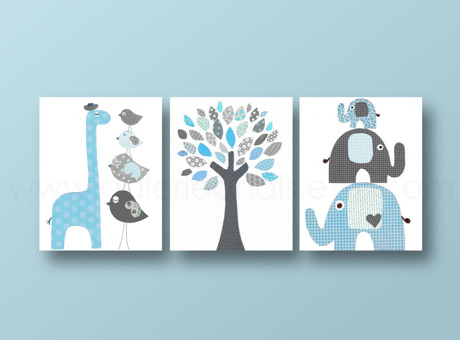 Nursery wall art, nursery print, baby nursery, kids art, giraffe,  playroom, bird, elephant, tree, blue, gray, Set of three 8x10 prints