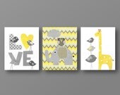 Grey yellow chevron Nursery art, baby nursery decor, nursery wall art, Kids art, bird, owl, Love, elephant, giraffe, Set of 3, 8x10 Prints