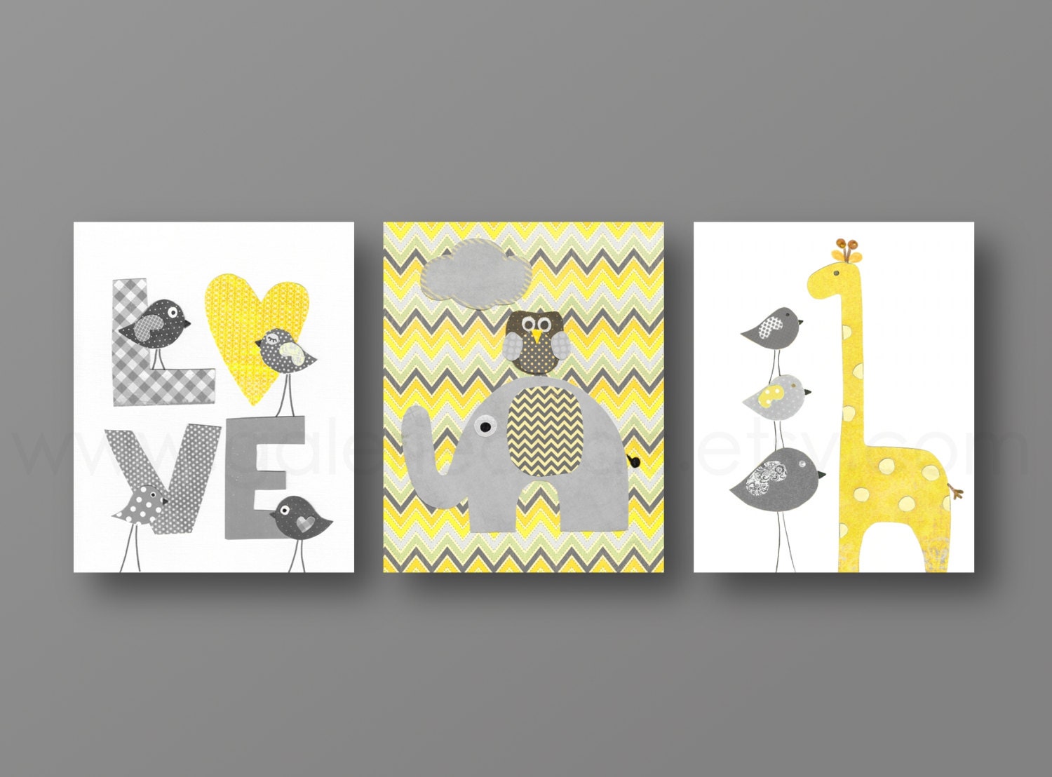 Grey yellow chevron Nursery art, baby nursery decor, nursery wall art, Kids art, bird, owl, Love, elephant, giraffe, Set of 3, 8x10 Prints