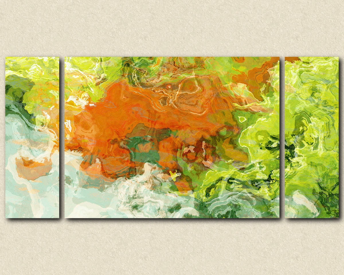Large triptych art stretched canvas print, 30x60, abstract expressionism in orange and green, from abstract painting "Best Friends"