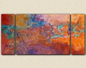 Large contemporary triptych, 30x60 stretched canvas print in rust, copper and turquoise, from abstract painting "Southwestern Archetype"