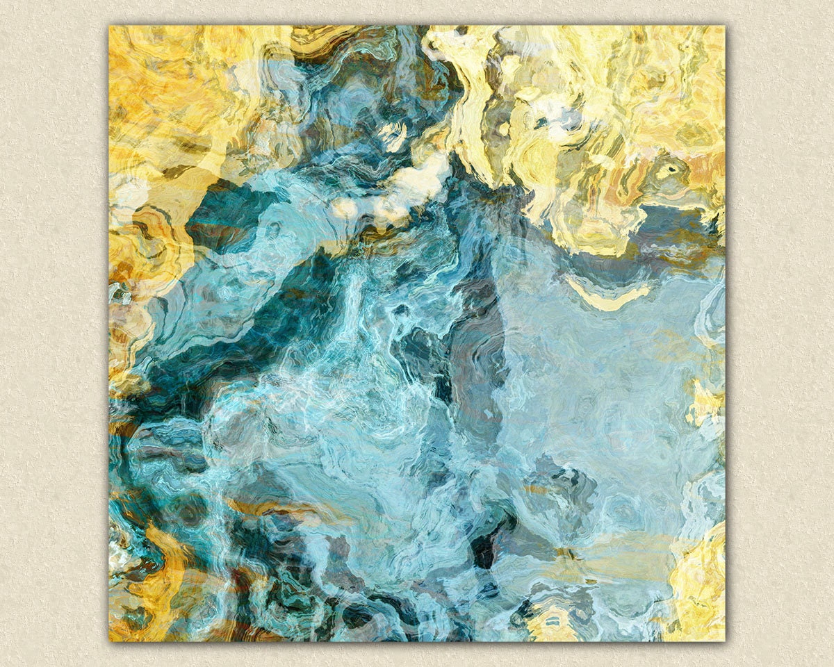 Contemporary art abstract giclee canvas print with gallery wrap, 24x24 in yellow and aqua, from abstract painting "Sea and Sand"