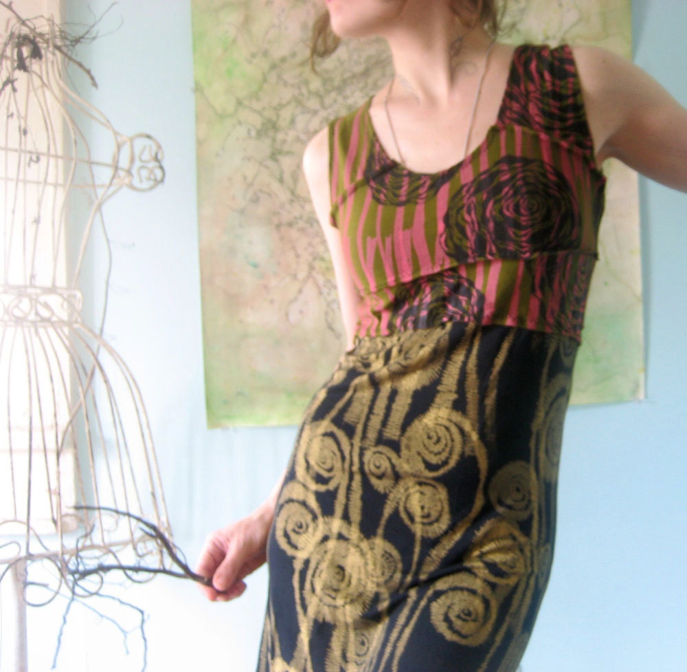 sleeveless dress hand printed patchwork empire waist  reconstructed mod dress