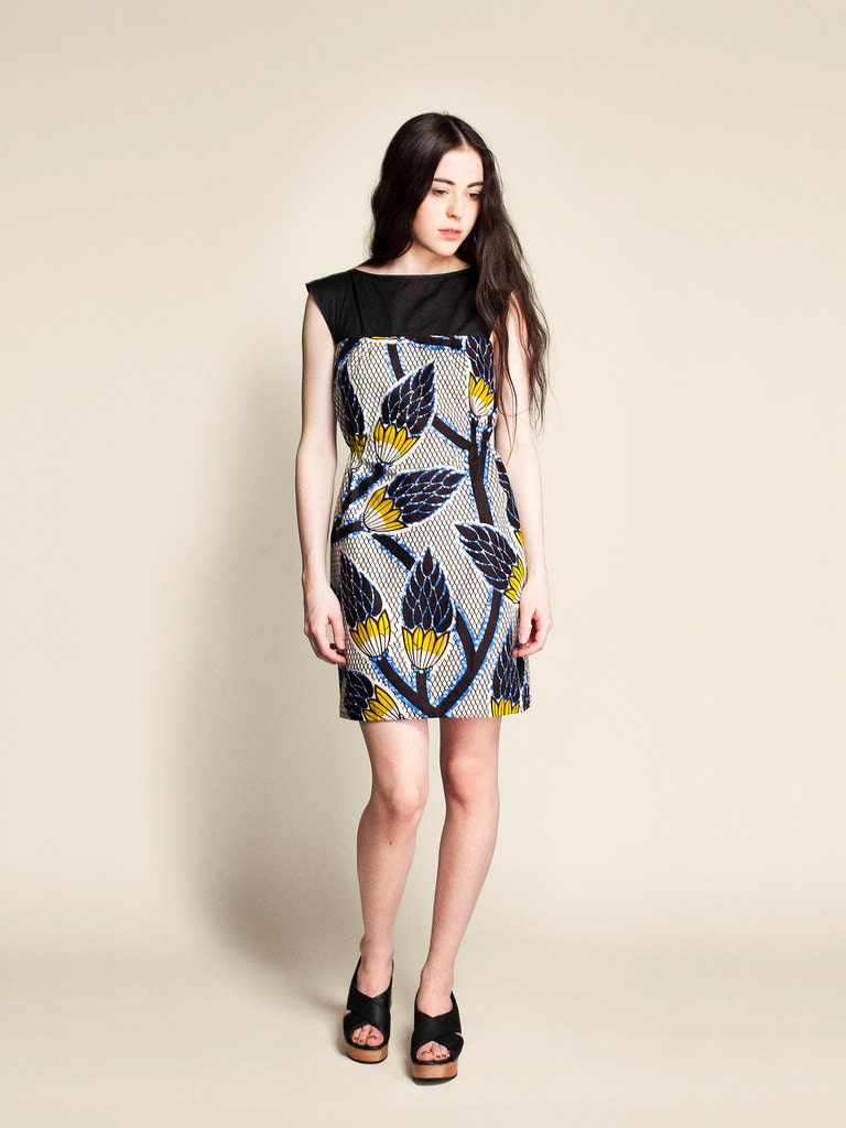Woman Cotton Dress Éthiopique "pine flower"  white, teal blue, brown, black
