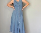 Vintage SOSTANZA Dress / 1990s Dress / Denim Dress / Sleeveless / Pearl Snap / Maxi Length