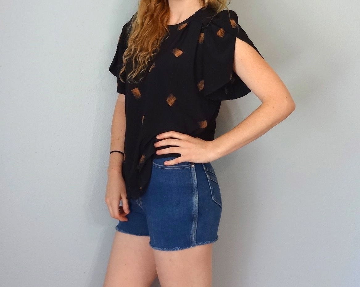 Vintage JOSELLY Top / 1970s Blouse / Lightweight Floaty Shirt / Black / Tulip Sleeve Blouse