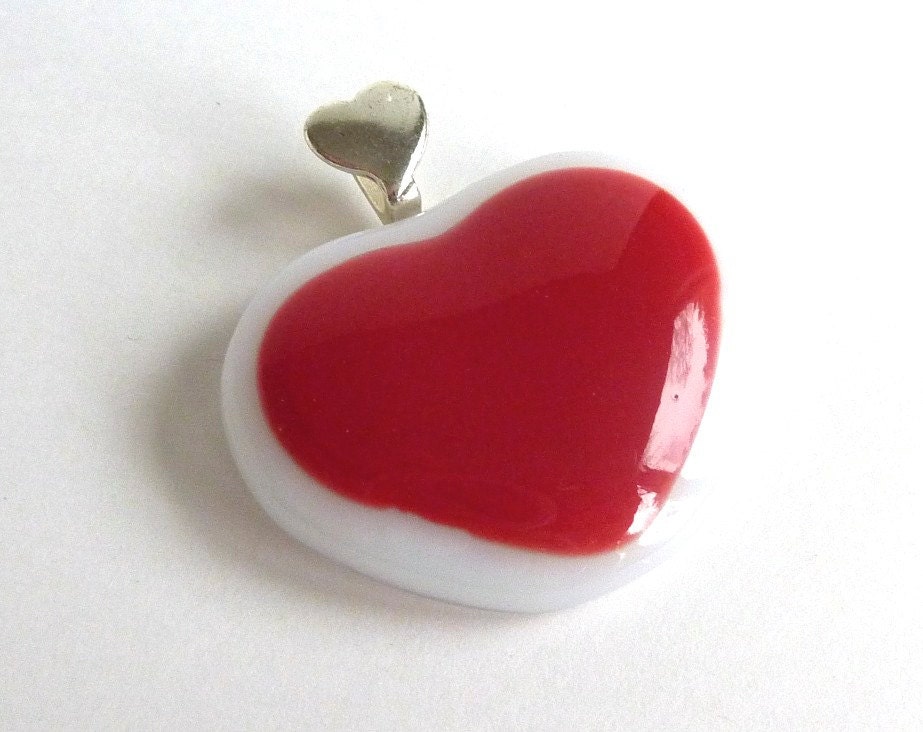 Red and White Fused Glass Heart Pendant