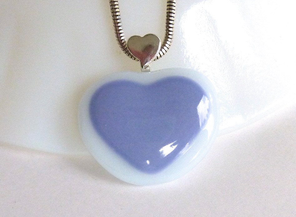 Lavender and White Fused Glass Heart Pendant