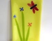 Yellow Fused Glass Platter with Dragonfly and Flowers