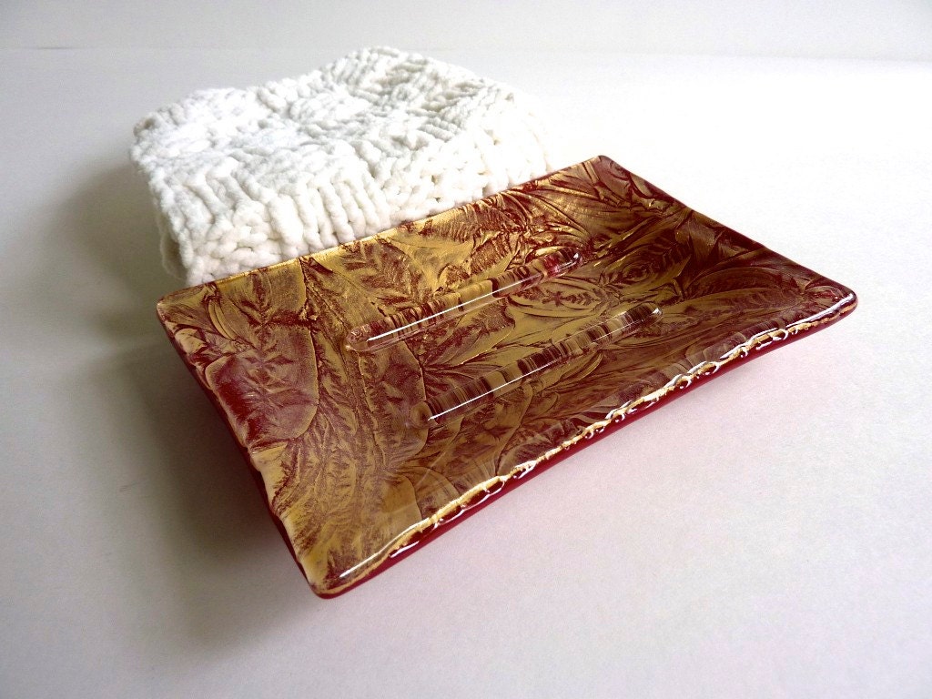 Soap Dish in Deep Red and Gold Fused Glass