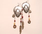 Earth Mother//Goddess Warrior Statement Earrings. African Mask Feathers & Thunderbirds