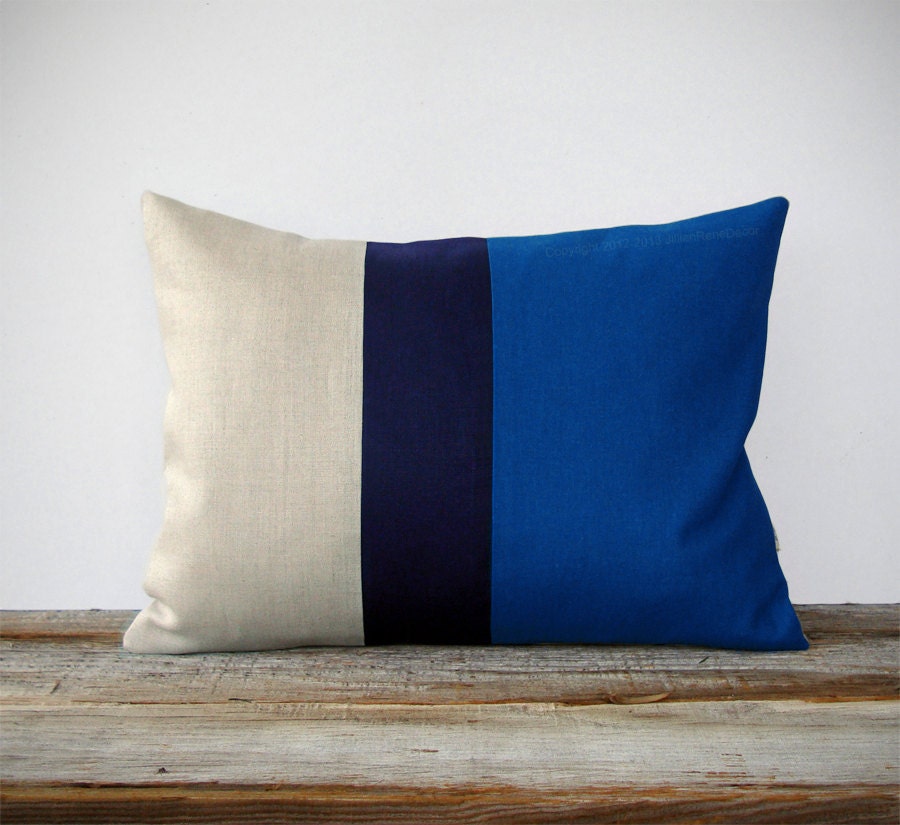 Monaco Blue Colorblock Decorative Pillow with Navy and Natural Linen Stripes by JillianReneDecor (12x16) Modern Home Decor Cobalt Indigo