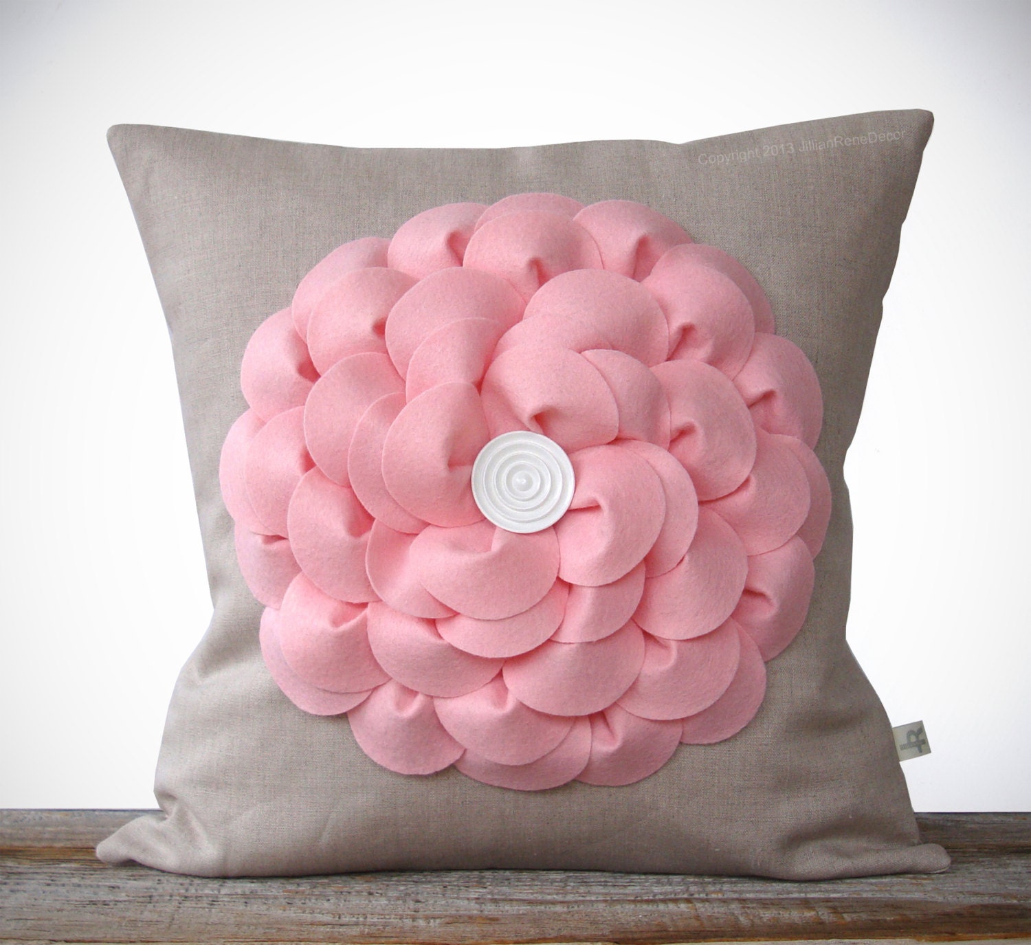 Petal Pink Flower Pillow in Natural Linen with Button Center by JillianReneDecor Pastel Spring Home Decor - Baby Shower Gift for Her