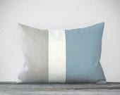 Baby Blue Color Block Pillow with Cream and Natural Linen Stripes by JillianReneDecor Pastel Spring Home Decor Color-block Nursery - JillianReneDecor
