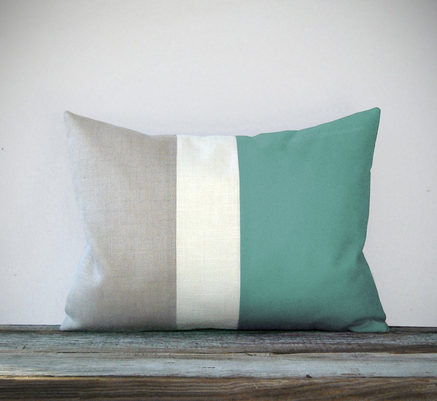 Mint Color Block Decorative Pillow with Cream and Natural Linen Stripes by JillianReneDecor Modern Home Decor Color-block