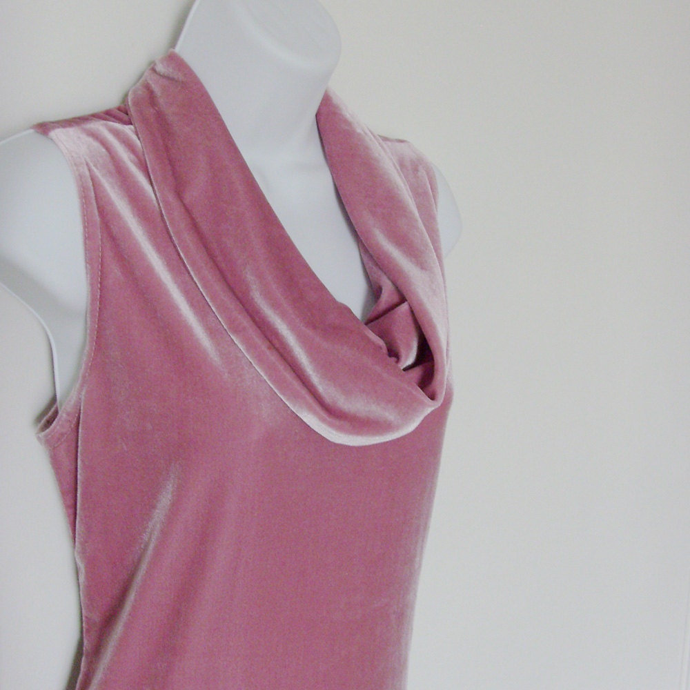 Vintage Dusty Pink Velvet Dress / Pink - Mauve / Long Sleeveless Velvet Dress / Passports Fashion / Cowl Neck / Size S / Made in USA