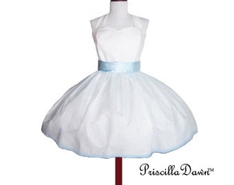White Wedding Dress in cotton rockabilly style with blue Alice in Wonderland accented Custom in Your Size Polkadot Party Dress
