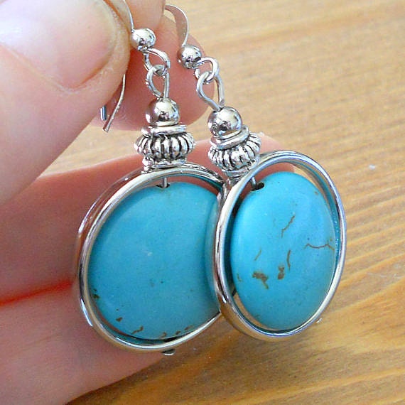 Turquoise gypsy circle earrings, bohemian hoop earrings, Gypsy jewelry