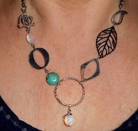 Bohemian necklace, asymmetrical silver and turquoise necklace, Black leaf  and turquoise necklace, gypsy jewelry